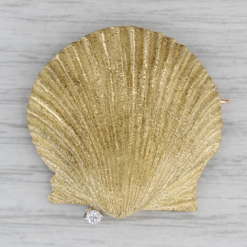 Enamel Art Brooch-Seashell Brooch 18k Yellow Gold Diamond Accent Nautical Shell Pin