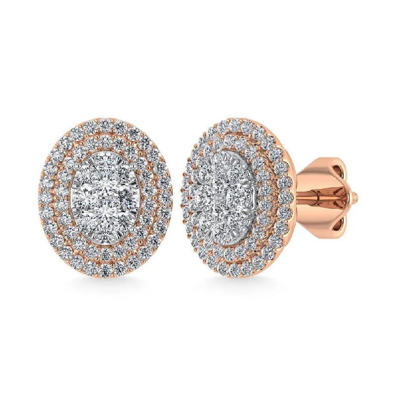 Glittery Earrings for Party-Diamond 7/8 Ct.Tw. Oval Shape Cluster Earrings in 10K Rose Gold