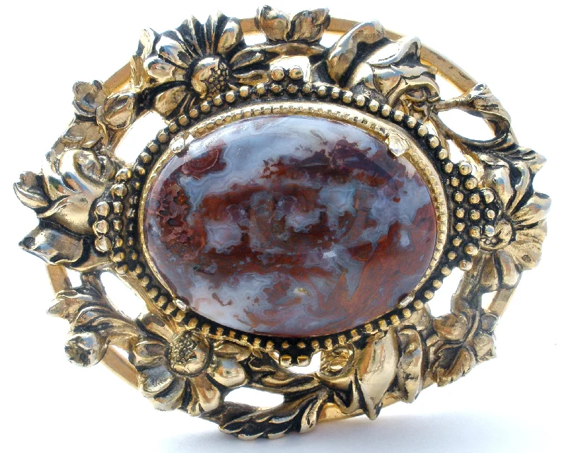 Brooch For Christmas-Vintage Brown Moss Agate Gold Brooch Pin