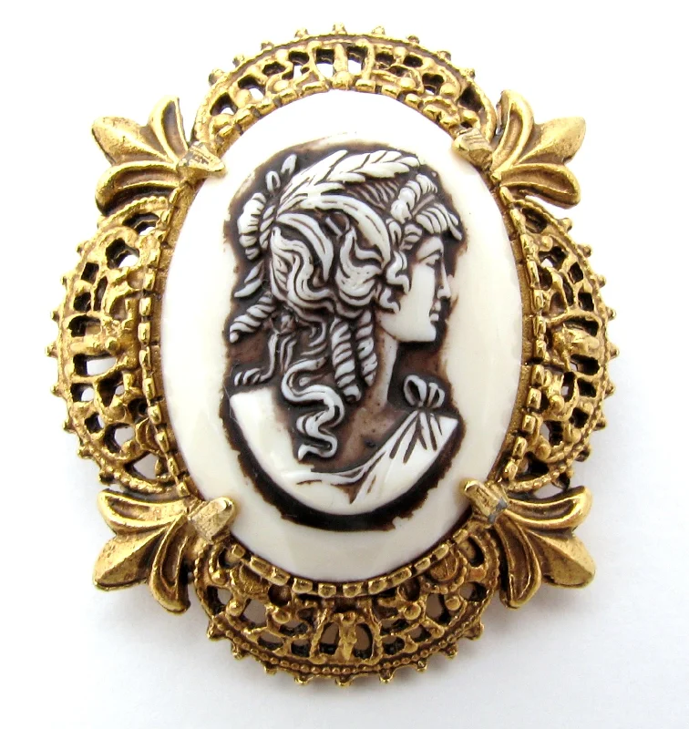 Brooch With Bright Colors-Florenza Cameo Gold Brooch Pin Vintage