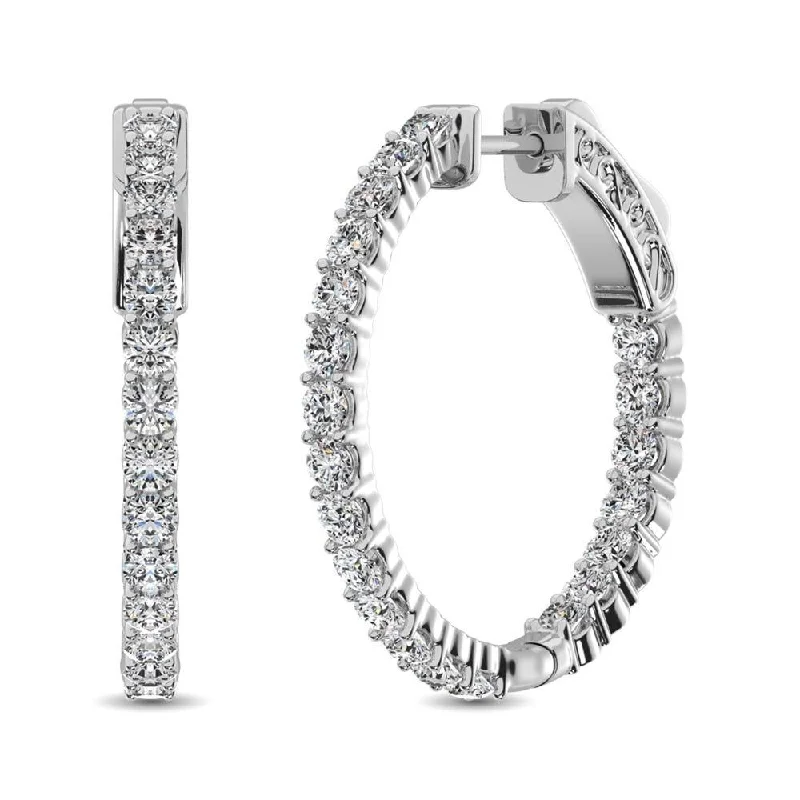 Diamond Drop Earrings for Women-14K White Gold Diamond In and Out Hoop Earrings