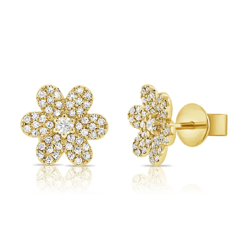 Vintage Gold Earrings-Diamond Flower Studs in 14K Gold