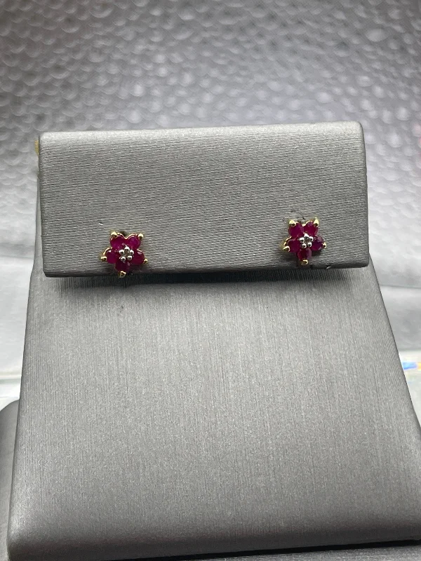 Elegant Pearl Stud Earrings-Ladies 10 Karat Solid Yellow Gold Ruby and Diamond Stud Earrings