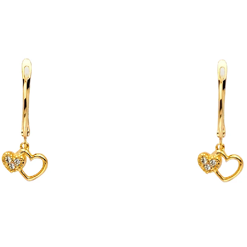 Dainty Gold Stud Earrings-14KY CZ 2 Heart Hanging Earrings