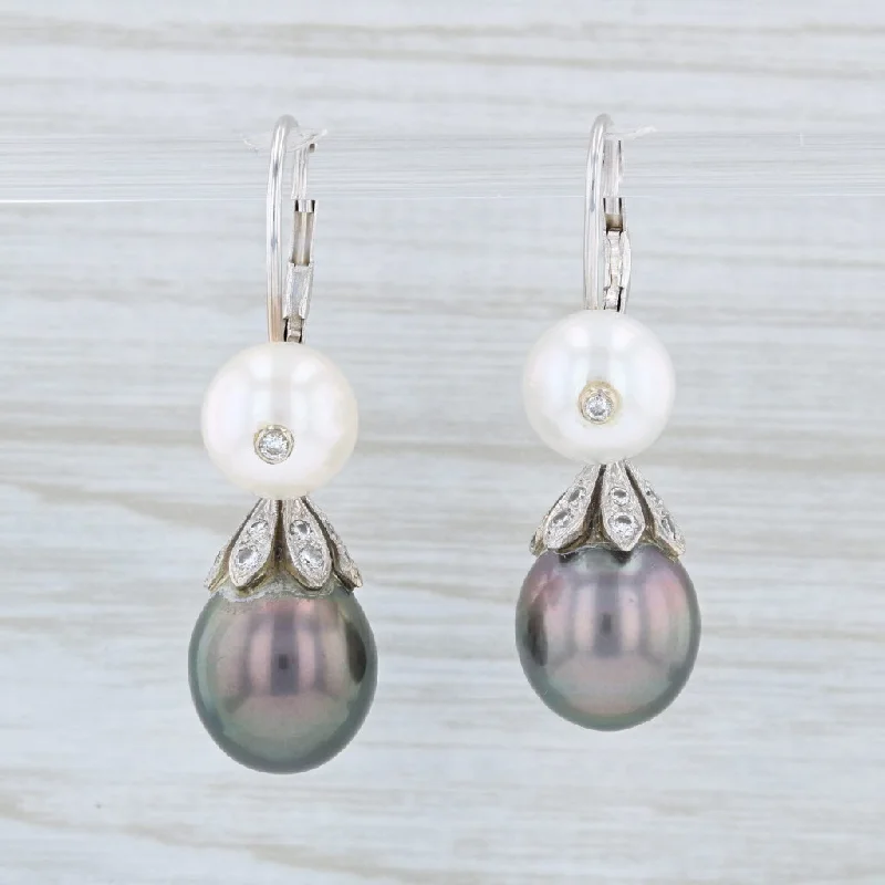 Silver Drop Earrings for Weddings-New Cultured Black White Pearls Diamonds Drop Earrings 14k White Gold Pierced