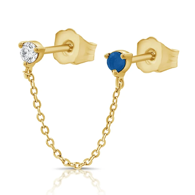 Trendy Silver Earrings-Diamond and Sapphire Single Chain Earring made in 14Kt Gold