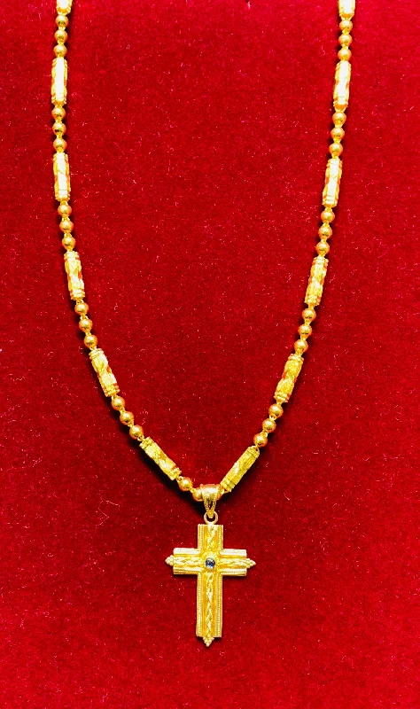 Designer Gold Necklace with Ruby Pendant-Cross Pendant and bullet ball chain (24K).