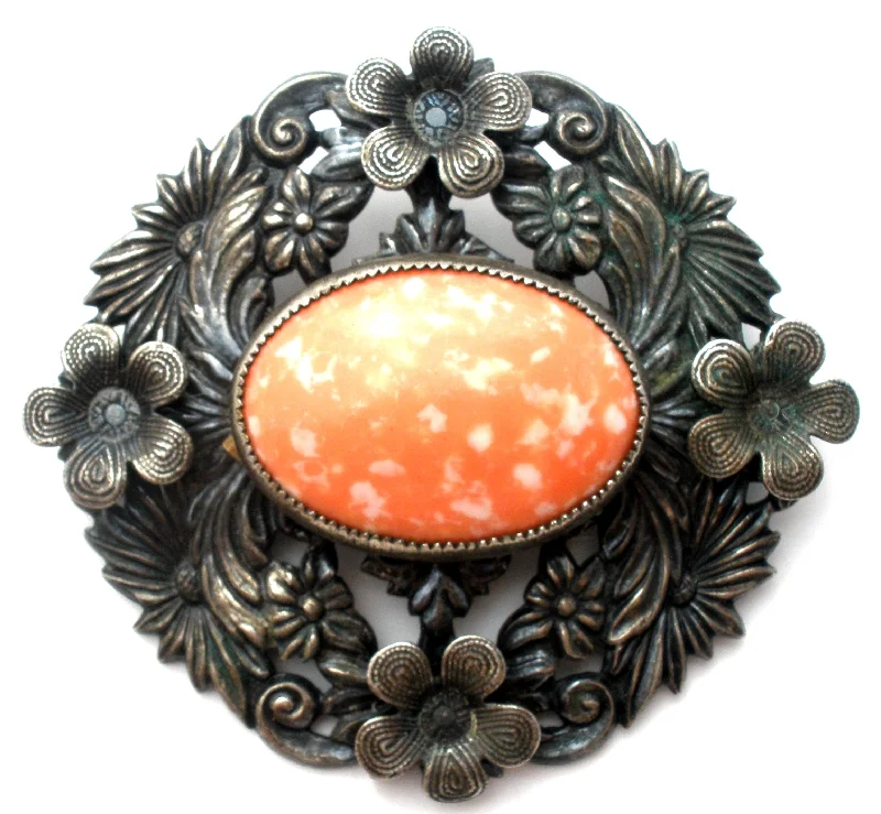 Retro Style Brooch-Mottled Coral Rhinestone Flower Brooch Vintage