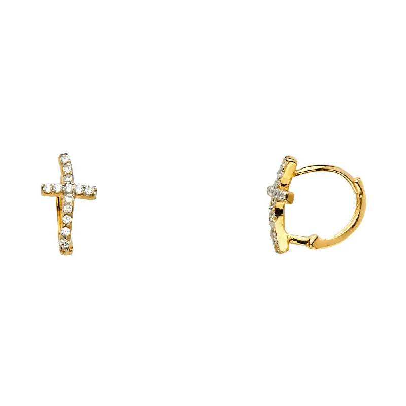 Vintage Teardrop Earrings-14K Y Curved CZ Cross Huggies Earrings