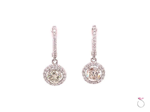 Wedding Earrings with Pearls-Diamond Halo Drop Dangling Earrings, 2.29 Carat Diamond Earrings 18K White Gold