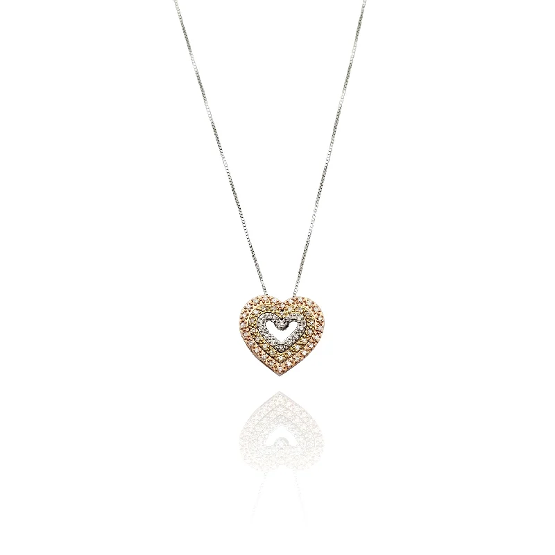 Personalized Couple Necklace with Engraving-Tri-Tone Triple Heart Diamond Necklace (10K)