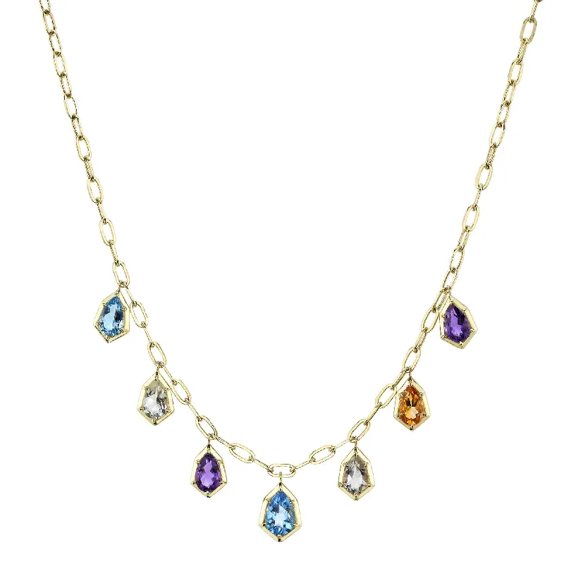 Elegant Crystal Pendant Necklace for Evening Wear-14kt. Yellow Gold Necklace with 6.18ct TW Multi Color Stones on a PaperClip Link Necklace