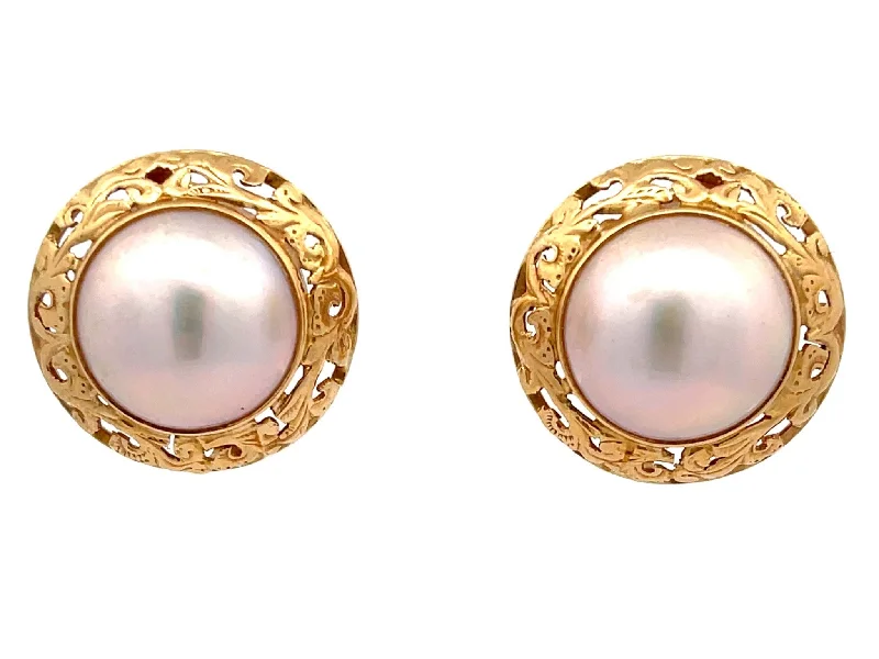 Modern Gold Hoop Earrings-Mings Large Mabe Pearl Gold Carved Bezel Earrings in 14k Yellow Gold