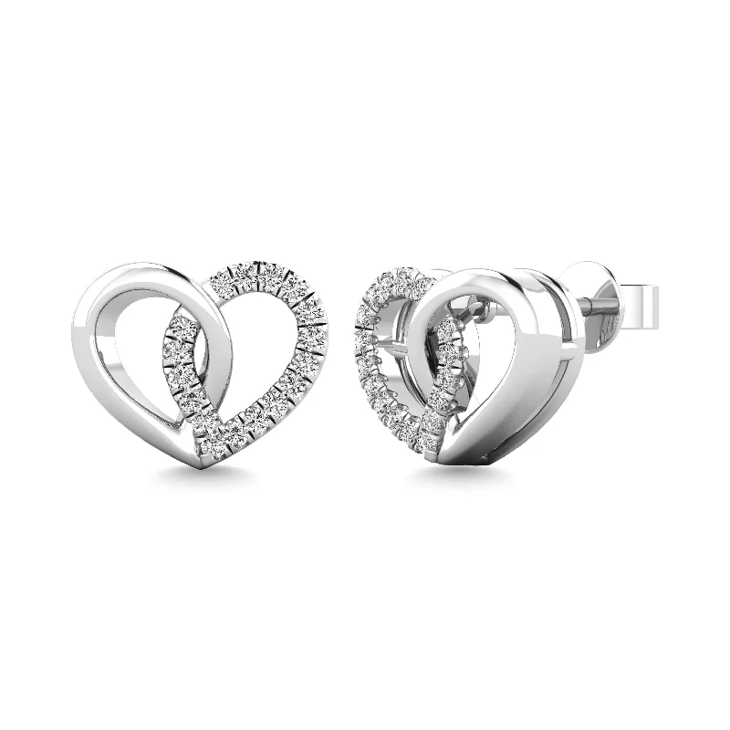 Rose Gold Earrings for Brides-10K White Gold 1/10 Ctw Diamond Heart Earrings