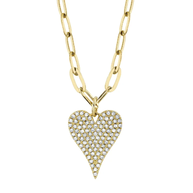 Gold and Silver Necklace for Fashionistas-Yellow Gold Paper Clip Diamond Pave Heart Pendant Necklace