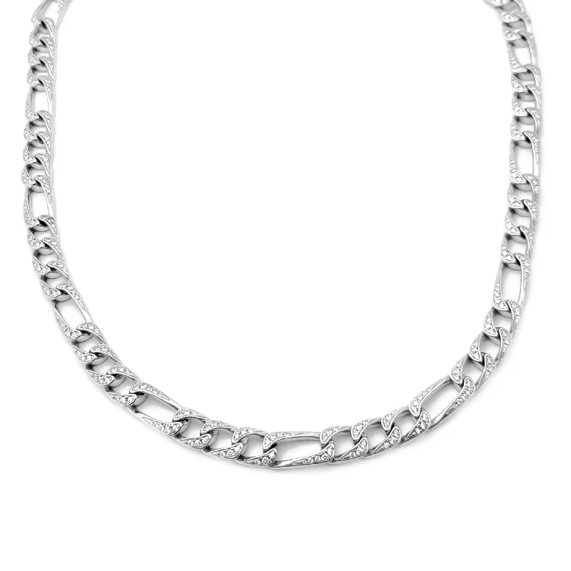 Luxury Necklace with Aquamarine Stone-Iced Out Figaro Chain (Silver)