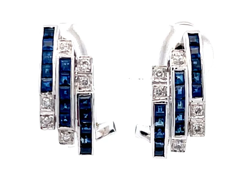 Silver Bar Earrings-Three Row Sapphire and Diamond Huggie Earrings in 18k White Gold