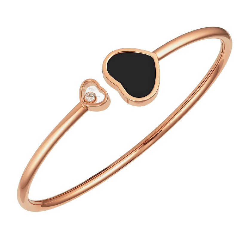 Fashionable Gold Bangles with Amethyst Accents-18ct Rose Gold Happy Hearts Black Onyx & Diamond Bangle