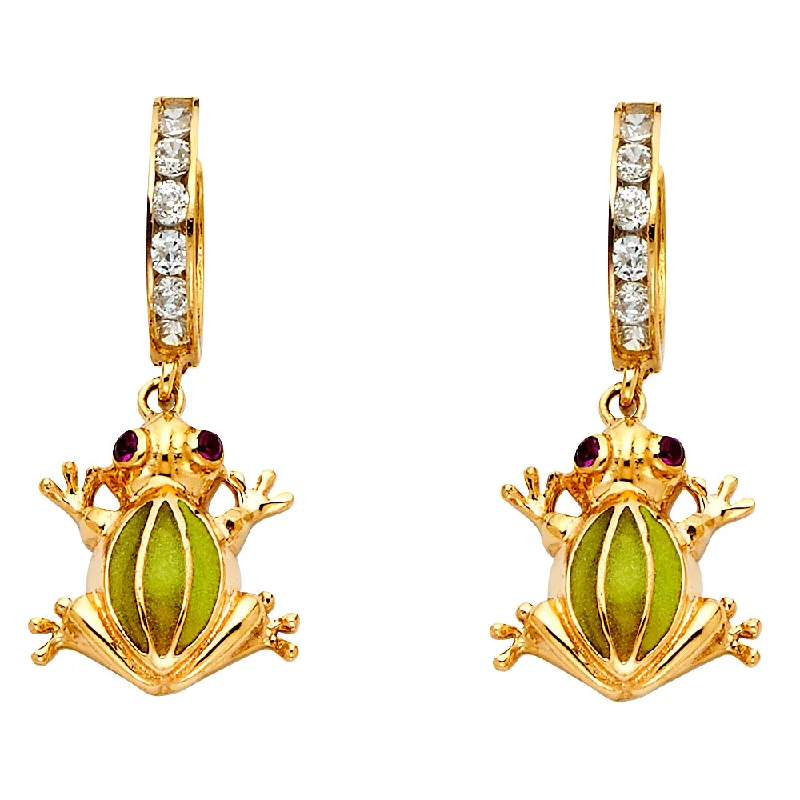 Large Drop Earrings for Women-14KY Frog CZ Hanging Huggies Earrings