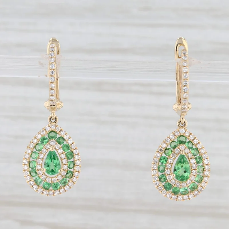 Trendy Gold Earrings-New 1.5ctw Green Garnet Diamond Halo Teardrop Earrings 14k Yellow Gold