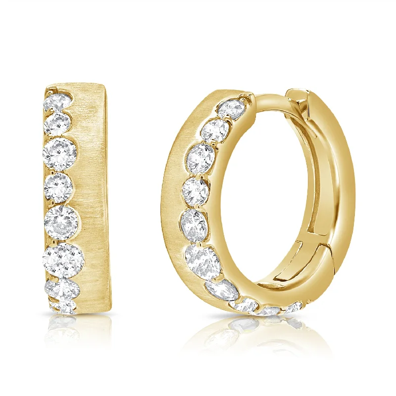 Sterling Silver Earrings for Men-Sophisticated Brushed Diamond Hoop Earrings in 14K Gold