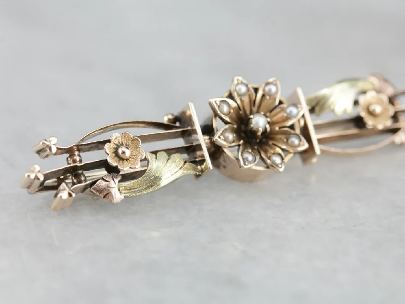 Brooch With Diamonds-Antique Floral Seed Pearl Bar Brooch