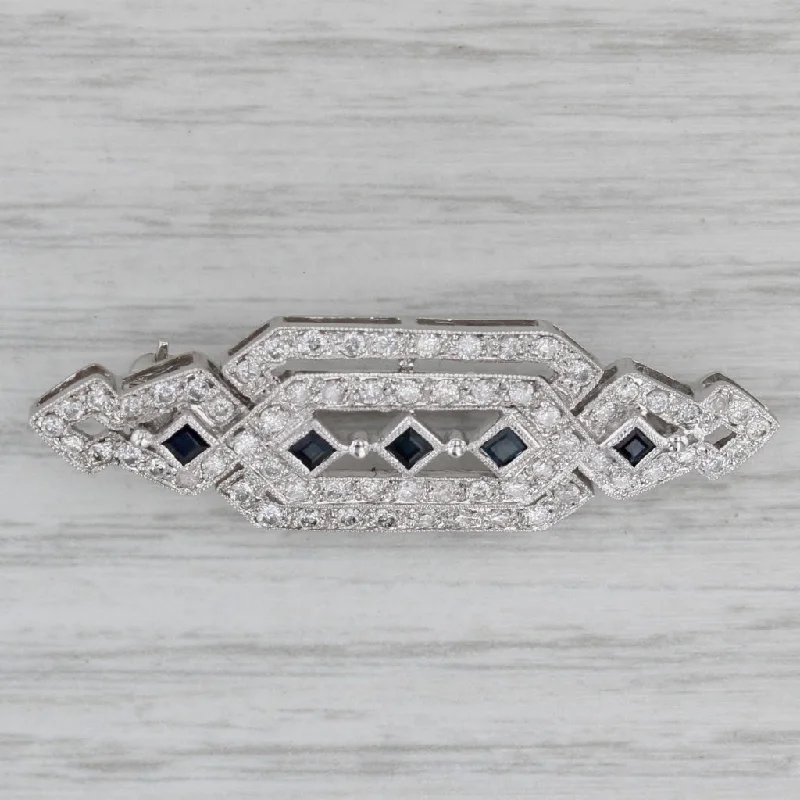 Bohemian Brooch-0.95ctw Blue Sapphire Diamond Brooch 14k White Gold Pin