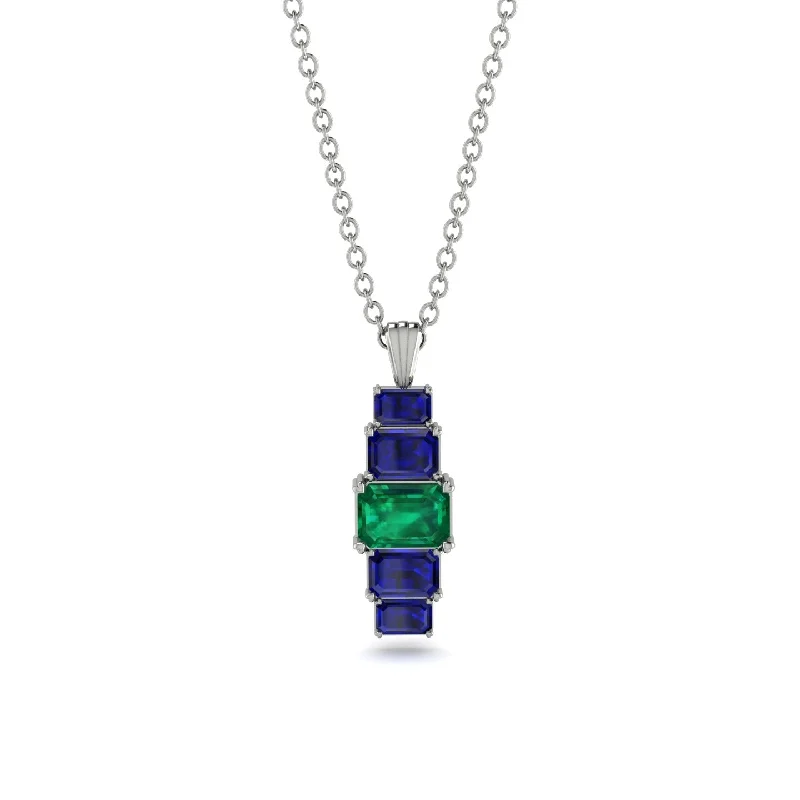 Long Silver Necklace with Diamond Pendant-Emerald Cut Emerald Stairs Necklace - Briella No. 66