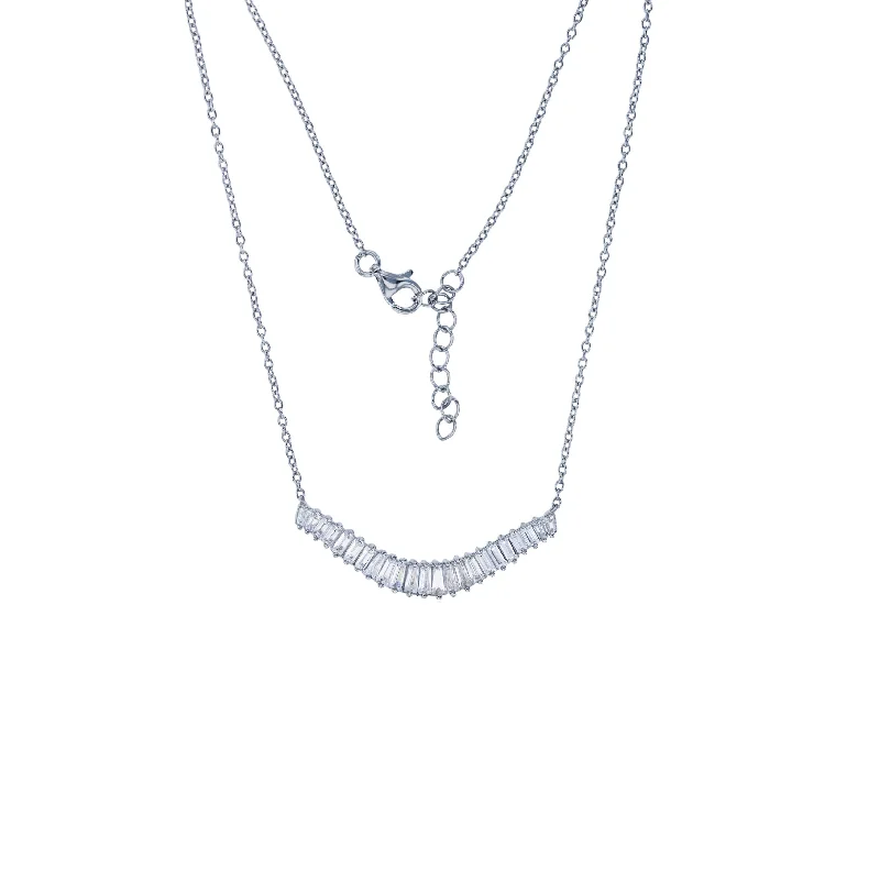 Elegant Long Necklace with Crystal Pendants-Curve Baguette Bar Necklace (Silver)