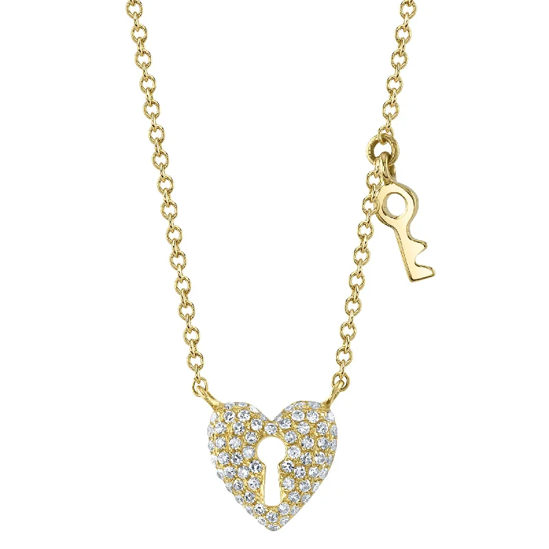 Designer Crystal Necklace for Fashion-14kt. Yellow gold Diamond Pave Heart Lock and Key Necklace with 0.15ct TW Diamonds