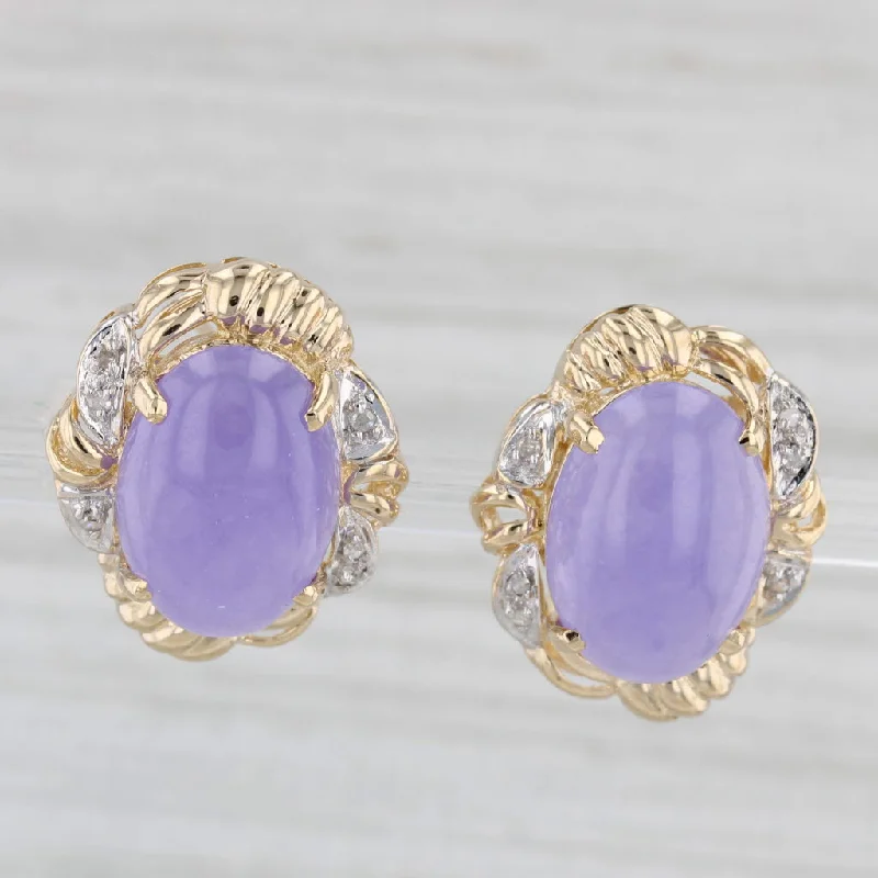 Diamond Drop Earrings for Women-Lavender Jadeite Jade Diamond Earrings 14k Yellow Gold Oval Cabochon Omega Backs