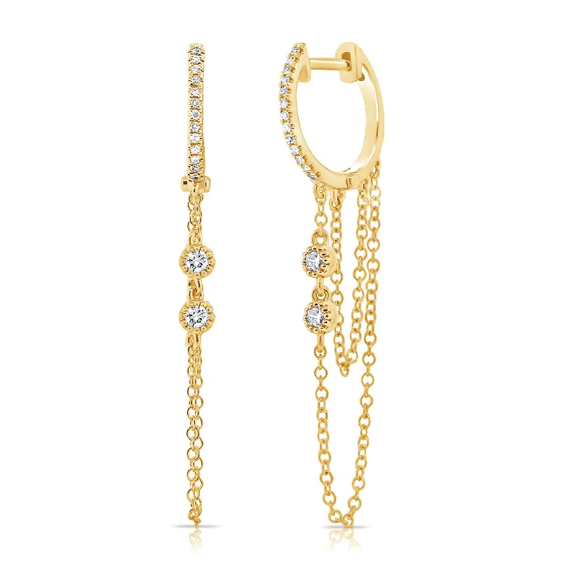 Pearl Chandelier Earrings-Bezel & Channel Set Huggie w/ Chain