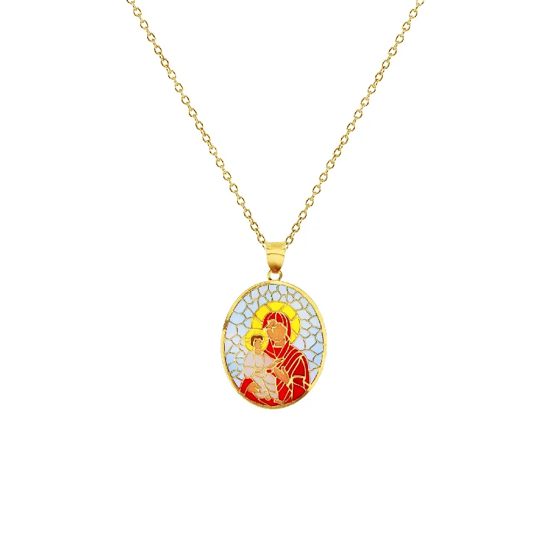 Personalized Nameplate Necklace for Gifts-Colorful-Enameled Mosaic Virgin Mary & Baby Jesus Fancy Necklace (14K)