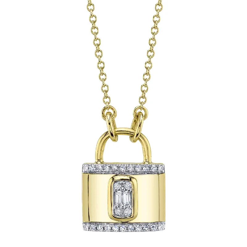 Trendy Chain Necklace with Multiple Pendants-Yellow Gold Diamond Lock Baguette Necklace