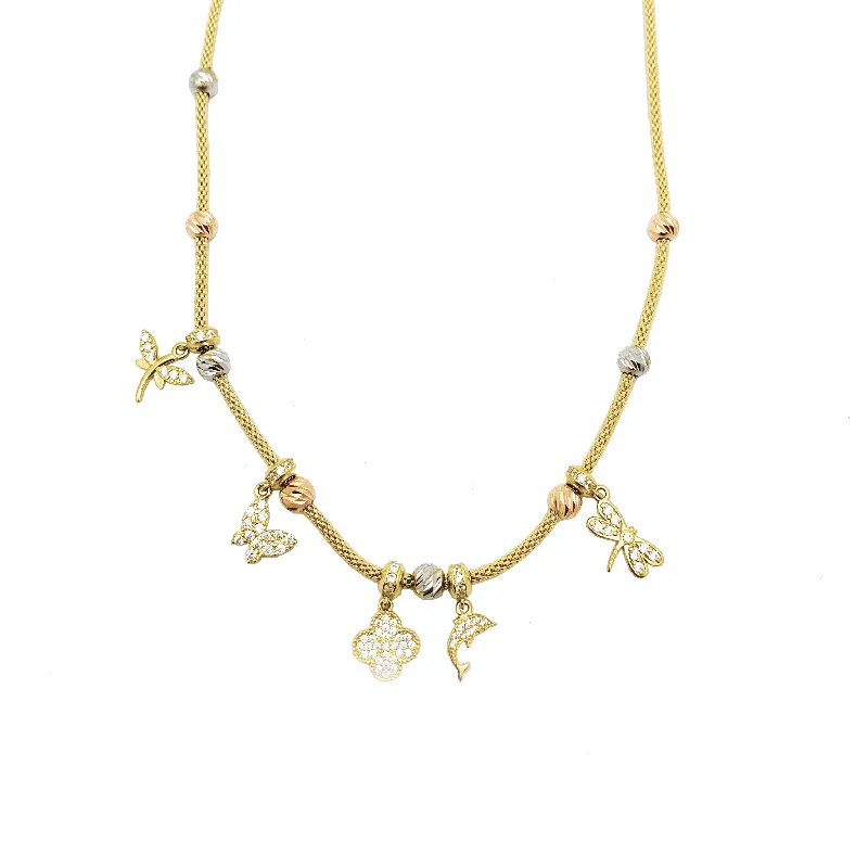 Elegant Layered Necklace with Charms-Tri-color Figures CZ Necklace (14K).