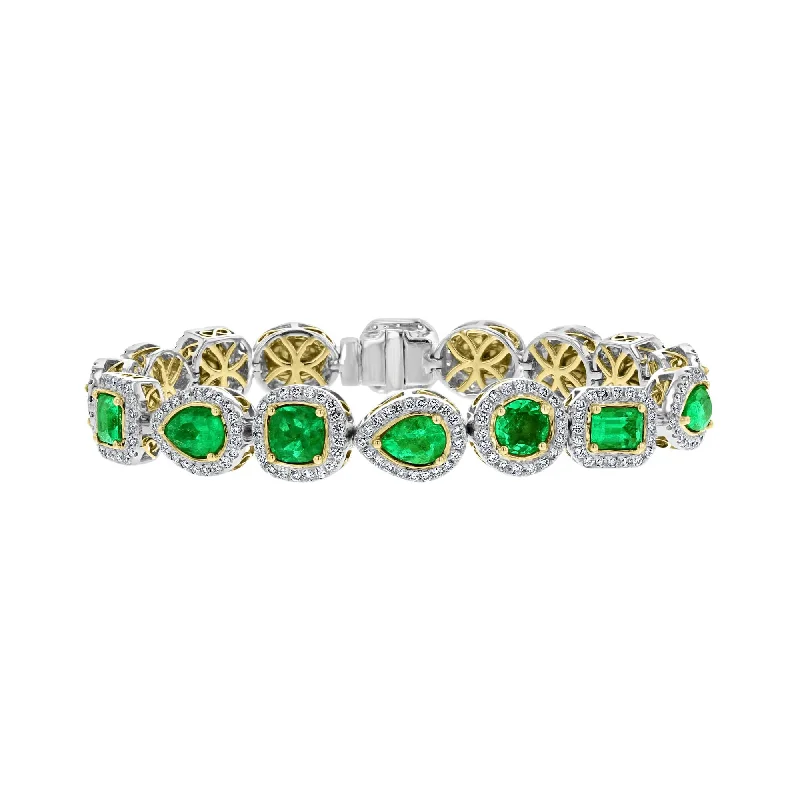 Customizable Leather Bracelet with Special Symbols-18KT TWO-TONE GOLD 9.73 CTW EMERALD & 2.43 CTW DIAMOND HALO BRACELET