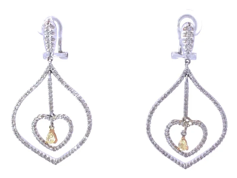 Classic Round Earrings for Women-White and Fancy Yellow Dangly Diamond Heart Earrings in 18K White Gold