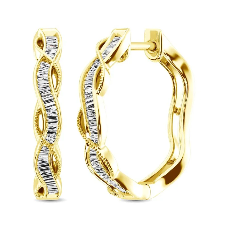 Trendy Gold Earrings-10K Yellow Gold Baguette Diamond 1/5 Ct.Tw. Hoop Earrings