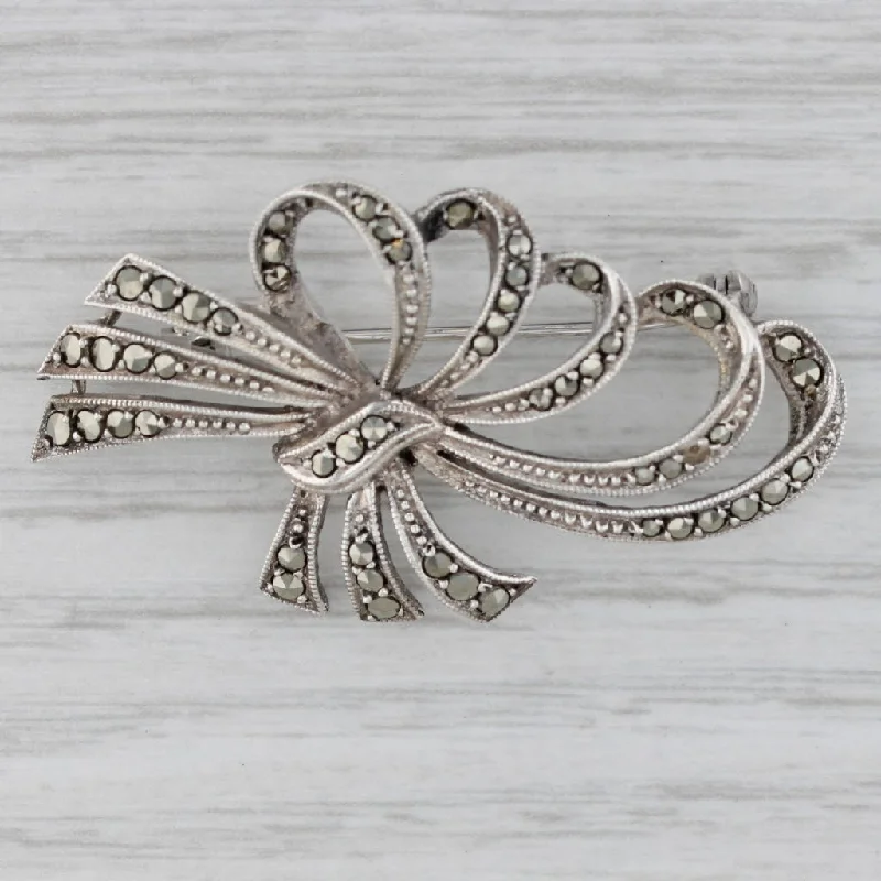 Silver Flower Brooch-Marcasite Ornate Bow Brooch Sterling Silver Vintage Pin