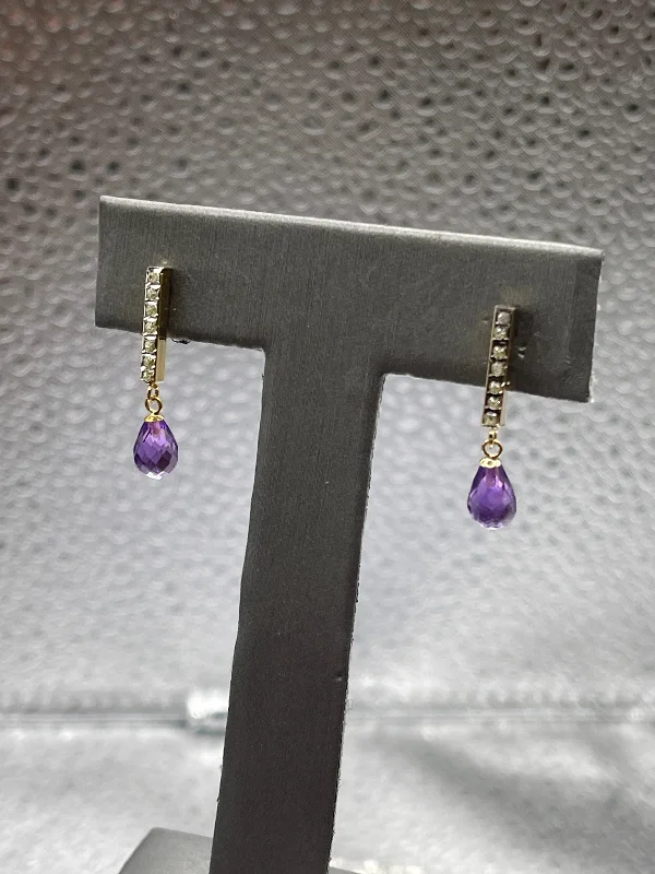 Hoop Earrings with Gemstones-Ladies 14 Karat Solid Yellow Gold Diamond and Amethyst Dangling Earrings