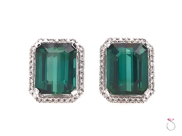 Silver Earrings with Gemstones-Designer Green Tourmaline Diamond Halo Earrings, 18k White Gold