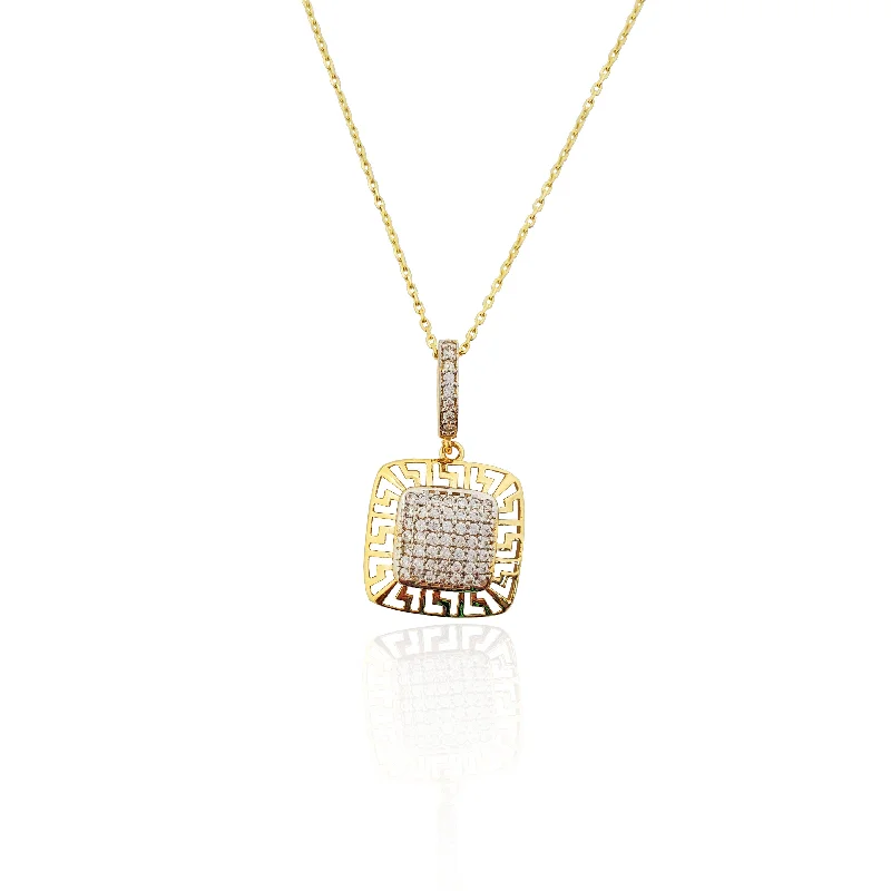 Gold Chain Necklace with Custom Pendant-Greek Key Framed Gemstone Necklace (14K)