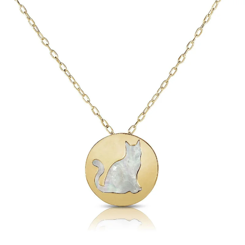 Long Pendant Necklace for Casual Style-Mother of Pearl Cat Medallion Necklace (14K)