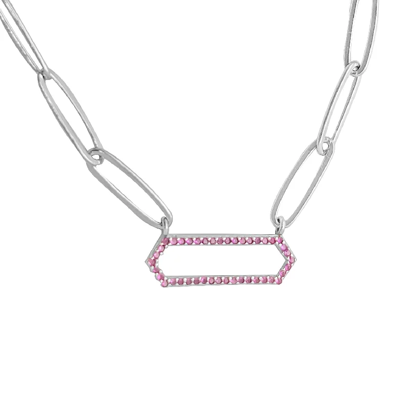 Luxury Silver Necklace with Colored Stones-Paperclip Pink Pave Hexagon Pendant Necklace (Silver)