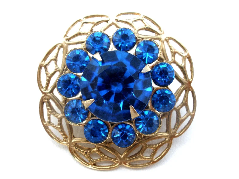 Brooch For Designer Jackets-Sapphire Blue Rhinestone Brooch Pin Vintage