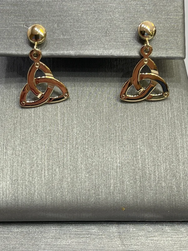 Fashionable Gold Earrings-14 Karat Yellow Gold  Trinity Dangling Earrings Made In Ireland