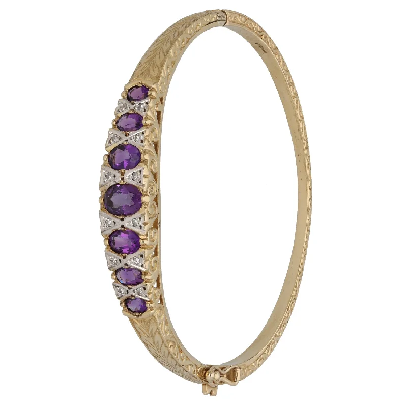 Personalized Name Bangles for Anniversary Gifts-9ct Gold Amethyst & 0.12ct Diamond Hinged/Clasp Bangle