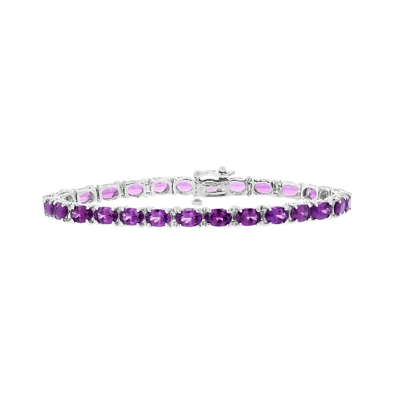 Classic Silver Bracelet with Birthstone Charms-14KT WHITE GOLD 14.71 CTW OVAL PURPLE GARNET TENNIS BRACELET