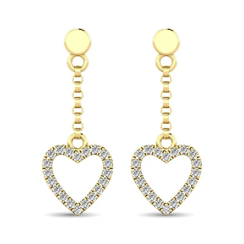 Trendy Long Drop Earrings-10K Yellow Gold 1/10 Ct.Tw.Diamond Heart Dangler Earrings