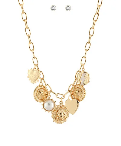 Fashionable Chunky Gold Necklace-Lion Head & Multi Charm Necklace Set